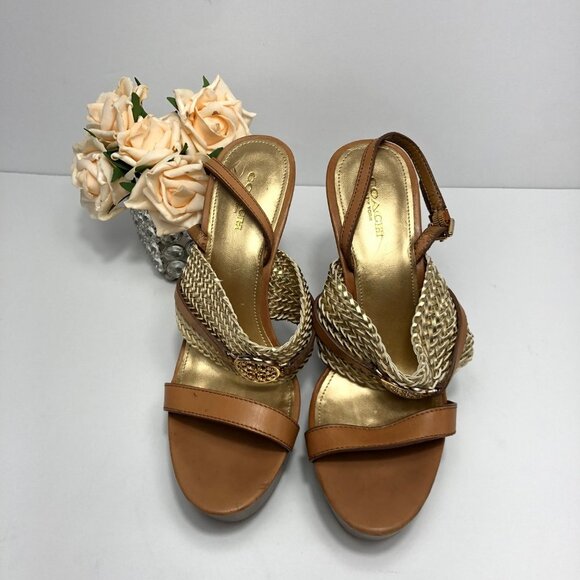COACH WEDGE PLATFORM SANDALS GOLD BROWN SIZE 7.5 - Picture 2 of 8